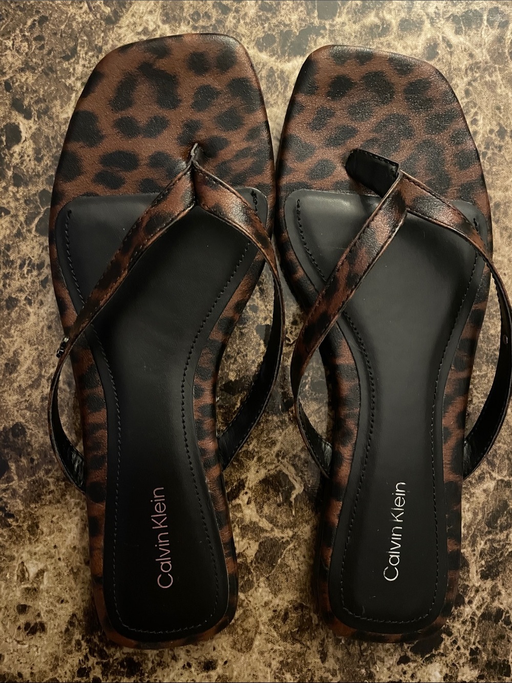 Calvin Klein Leopard-Print Square-Toe Thong Sandals in Brown and Black